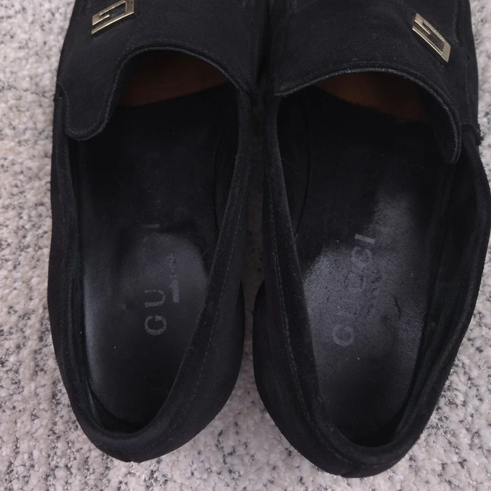 Gucci Loafers Mens Size 13D 13.5 US Shoes Slip On Suede Logo Black Square Toe